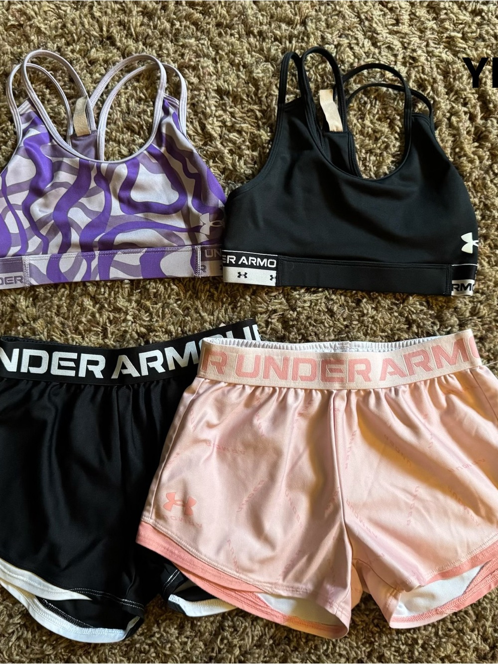 Under Armour 2 Sports Bras & 2 Athletic Shorts - Black, Purple, Light Pink